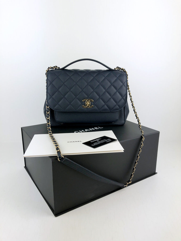 Chanel Large Top Handle - Mørkeblå I Caviar-Skind